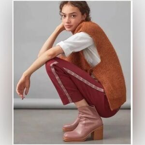 Anthropologie Maroon Wine Red Embroidered Side Tuxedo High Rise Pants